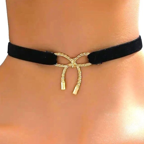 Bow Choker Necklace Gold Velvet RIbbon Cord Adjustable Hippie Boho Sexy Stylish - Picture 1 of 4